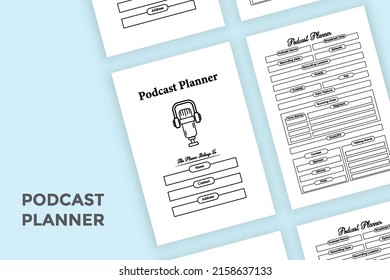 Podcast planner logbook interior. Radio station information notebook and guest tracker template. Interior of a logbook. Podcast planner and daily activity tracker interior.