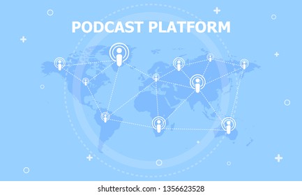 Podcast platform that is scattered around the world. Blue background.
