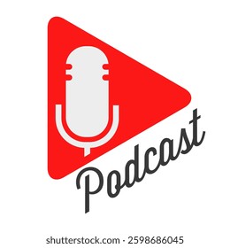 Podcast play emblem design. Red triangle with a microphone. Flat vector illustration isolated on white background.