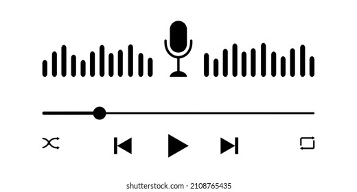 Podcast player interface with microphone, sound wave, loading progress bar and buttons. Audio player panel template for mobile app. Vector graphic illustration.