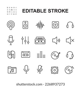 Podcast Player Simple Set Of Related Vector Line Icons. Contains Icons like Radio Signal, Playlist, Mute and more. Editable Stroke.
