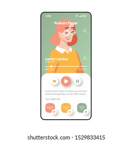 Podcast player smartphone interface vector template. Mobile app page green and white design layout.  Flat UI for application. Foreign language learning.  Phone display