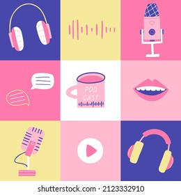 Podcast pop art poster with illustrations of professional microphones, headphones, speaking mouth, audio track and abstract doodle illustration, print poster or banner design, colorful composition