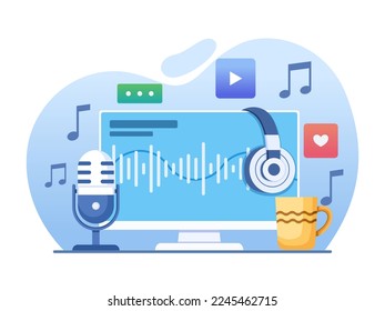 Podcast production equipment set concept illustration.
Podcast recording equipment.
Listening podcast on computer desktop.
Can use for web, landing page, apps, animation, etc