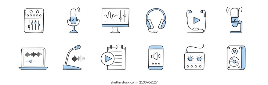 Podcast, radio broadcast and music doodle icons. Equalizer, microphone, audio computer program, headset, playlist application, laptop with sound wave, phone and dynamics, Line art vector illustration