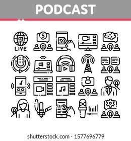 Podcast And Radio Collection Icons Set Vector Thin Line. Internet Global Live Broadcasting Podcast, Headphones, Microphone And Antenna Concept Linear Pictograms. Monochrome Contour Illustrations