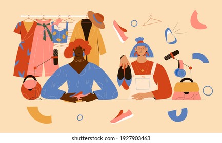 Podcast or radio concept about style, clothes and fashion. Two females talking about fashion, clothes hanger on background. Vector illustration
