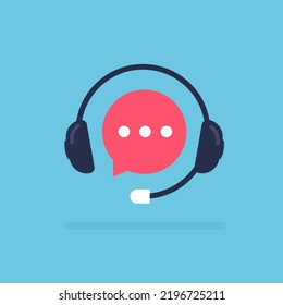 Podcast Or Radio Design. Headphones And Mike Logo. Tech Support And Customer Service Landing. Bubble Chat. Vector Illustration Isolated On White Background.