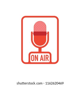 Podcast radio icon buttons set. Studio table microphone with broadcast text on air. Vector stock illustration.