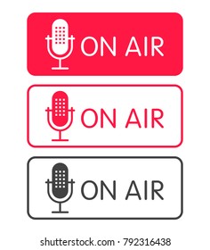 Podcast radio icon buttons set. Studio table microphone with broadcast text on air. Webcast audio record concept buttons.