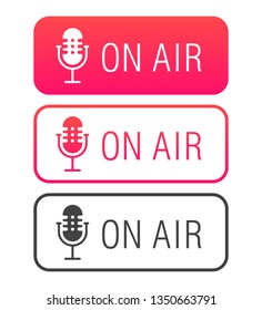 Podcast radio icon illustration set. Studio table microphone with broadcast text on air. Webcast audio record concept logo. On air labels. 