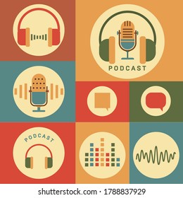 Podcast radio icon illustration set. Studio table microphone with broadcast text on air.