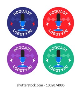 Podcast radio icon illustration set. Studio table microphone with broadcast text on air. Webcast audio record concept logo.