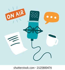 Podcast radio icon illustration set. Studio table microphone with broadcast text on air. Webcast audio record concept logo.