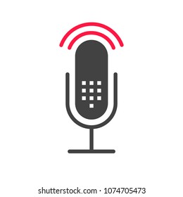 Podcast radio icon illustration. Studio table microphone with broadcast text podcast. Webcast audio record concept logo. Podcast logo.