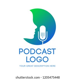 Podcast radio icon illustration. Studio table microphone with broadcast text on air. Webcast audio record concept logo.