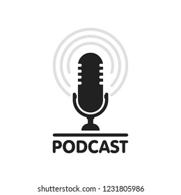 Podcast radio icon illustration. Studio table microphone with broadcast text podcast. Webcast audio record concept logo.
