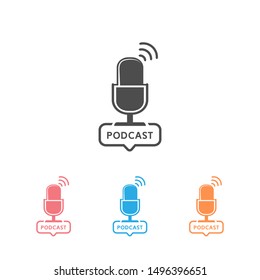 Podcast radio icon set illustration. Studio table microphone with broadcast text podcast.  