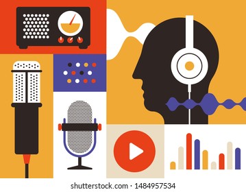 Podcast radio icons illustration set. Studio table microphone , men head with headsetm voice tracking, charts and play button.. Webcast audio record concept poster and logo.