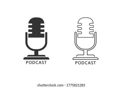 Podcast radio line icon set illustration. Studio table microphone with broadcast text podcast. Webcast audio record concept logo