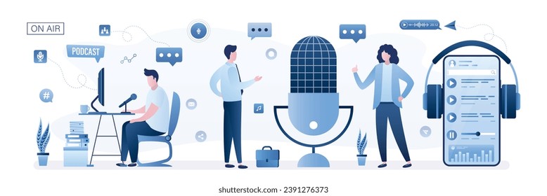 Podcast, radio, live show. Media host at workplace. Podcaster, blogger or broadcaster at workspace. Characters create media content. Online interview. Horizontal banner. flat vector illustration svg