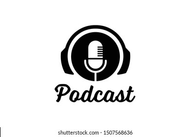 Podcast Or Radio Logo Design Using Microphone And Headphone Icon