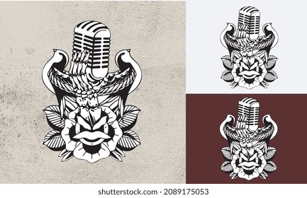 Diseño de podcast o logotipo de radio con micrófono , micrófono de diseño de tatuajes , vector de aves y flores