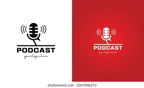 Podcast or Radio Logo design using headset Microphone and chat or talk icon.