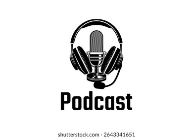 Design de logotipo de podcast ou rádio usando ícone de microfone e fone de ouvido. Ilustração vetorial.