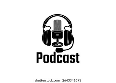 Design de logotipo de podcast ou rádio usando ícone de microfone e fone de ouvido. Ilustração vetorial.