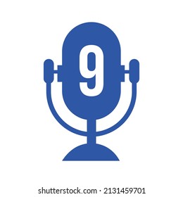 Podcast Radio Logo On Letter 9 Design Using Microphone Template. Dj Music, Podcast Logo Design, Mix Audio Broadcast Vector