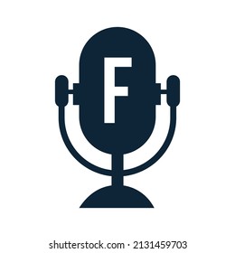 Podcast Radio Logo On Letter F Design Using Microphone Template. Dj Music, Podcast Logo Design, Mix Audio Broadcast Vector