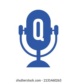 Podcast Radio Logo On Letter Q Design Using Microphone Template. Dj Music, Podcast Logo Design, Mix Audio Broadcast Vector