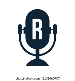 Podcast Radio Logo On Letter R Design Using Microphone Template. Dj Music, Podcast Logo Design, Mix Audio Broadcast Vector