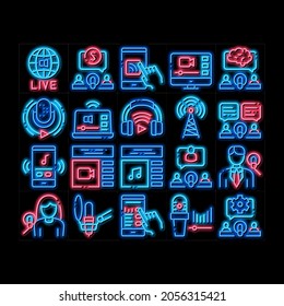 Podcast And Radio neon light sign vector. Glowing bright icon  Internet Global Live Broadcasting Podcast, Headphones, Microphone And Antenna Illustrations