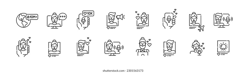 Podcast, radio programme or blogger chatting with his followers. Social media pixel perfect, editable stroke line icons set