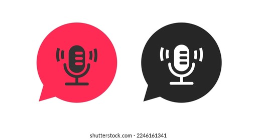 Podcast radio record icon bubble logo vector as old retro microphone in chat speech pictogram black white and red simple symbol graphic, sing voice mic studio button silhouette clipart image