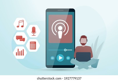Podcast Radio Services - Mobile Podcasting concept. Man with headphones listens to mobile online Podcast streaming application with music program, interview, talk show and audio blogs, financial news
