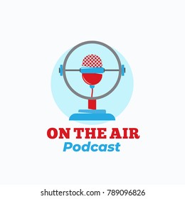 Podcast Radio Show Abstract Vector Sign, Symbol or Logo Template. Vintage Style Microphone with Retro Typography. Isolated.
