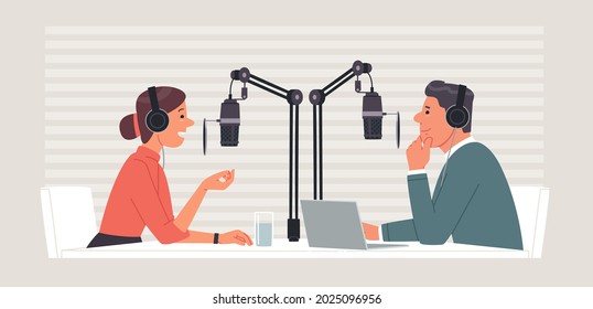 Podcast or radio show. The broadcast of the program on the internet or on the radio. The host has a guest in the studio. Vector illustration in flat style