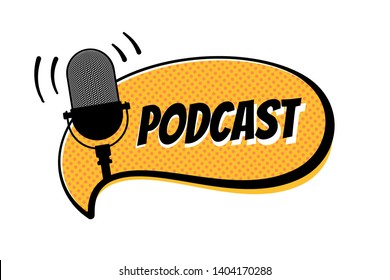 Podcast radio sign. Retro studio table microphone with broadcast text on air on yellow comics bubble. Webcast audio record concept icon. Vector illustration