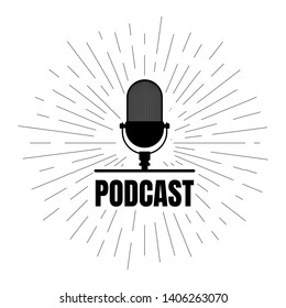 Podcast radio sign. Retro studio table microphone with broadcast text on air. Vintage webcast audio record concept. Vector illustration