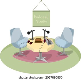 Podcast and radio studio for recording presenters and guests.