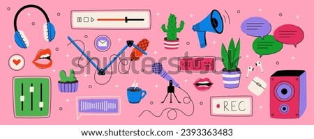 Podcast record. Doodle laptop, pencil, radio and voice icons, mouth with music and coffee for content makers. Headphones and mic. Entertainment show. Vector cartoon garish design, isolated elements