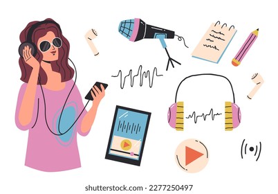 Podcast record people listen music doodle isolated set. Vector graphic design element illustration