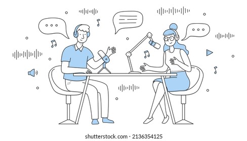 Podcast record, radio interview broadcast doodle concept. Dj characters wear headphones sitting in studio with microphones on desk, speaking with speech bubbles, Cartoon people vector illustration