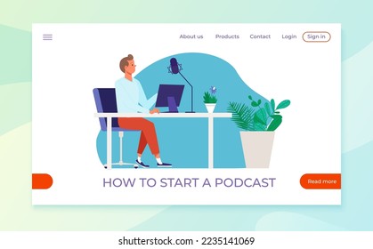 Podcast record in studio, landing page, vector illustration, audio media online with flat man character, make digital entertainment with microphone