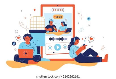 Podcast recording abstract composition. Big smartphone with streaming broadcast or interview, bloggers with microphone, listeners in headphones, studio talking, vector isolated concept