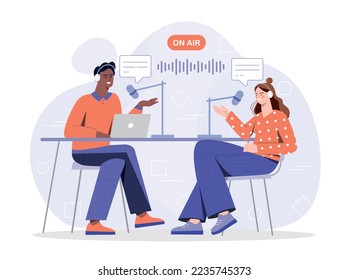 Podcast recording concept. Man and woman with laptops at microphones create intersting content. Radio show hosts, popular personalities. Poster or banner for website. Cartoon flat vector illustration