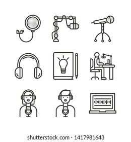 Podcast recording icon set in linear style isolated on white background. Podcasting equipment signs. Minimalistic vector symbols. Editable stroke